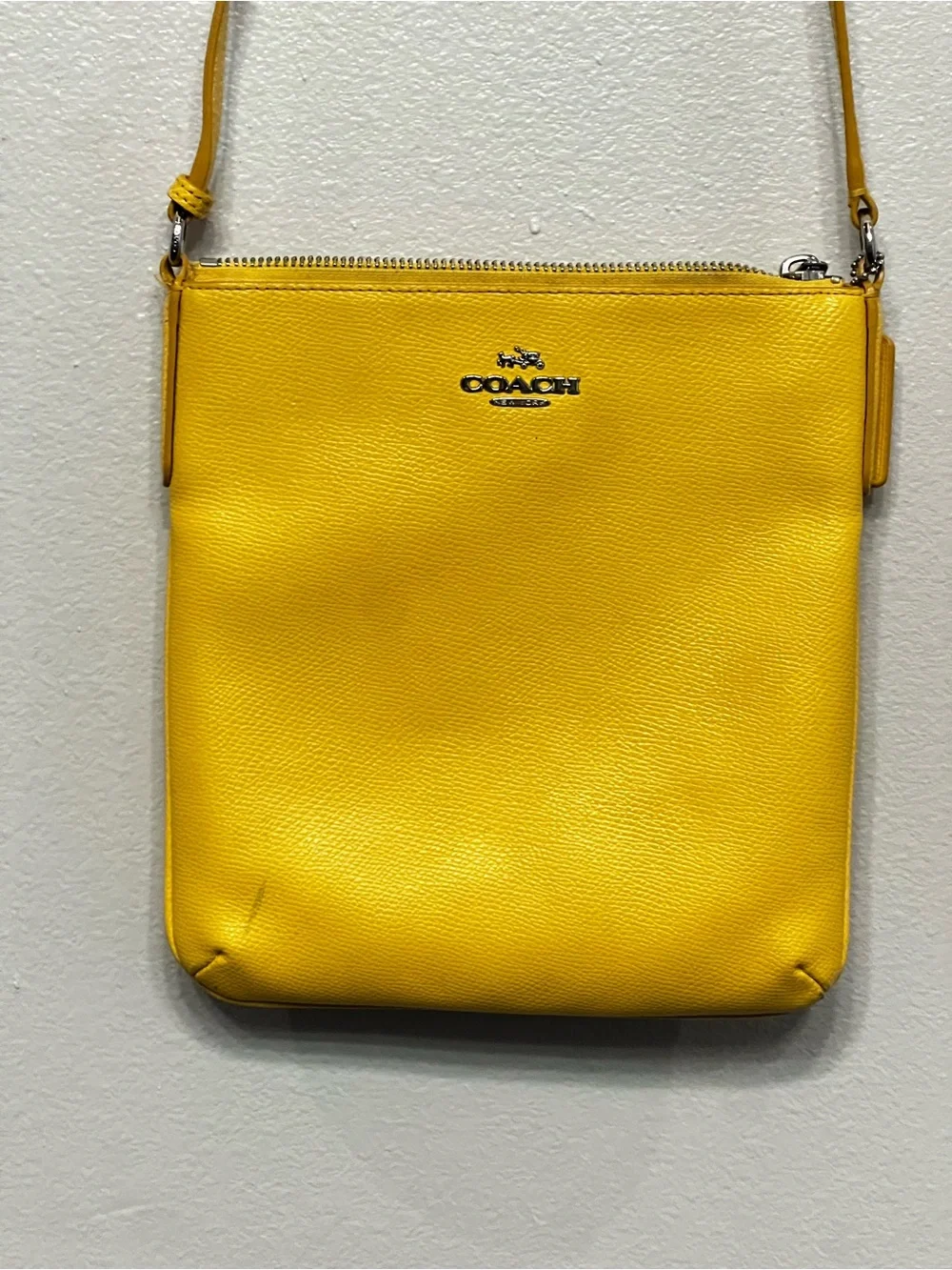 Coach Bright Yellow Leather Slim Crossbody Pouch Silver Tone Details
